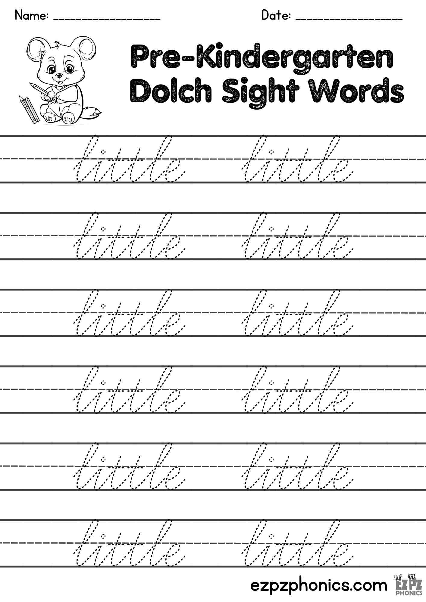The Word Little Cursive Writing Practice – Pre-K Dolch Sight Words Free PDF Download